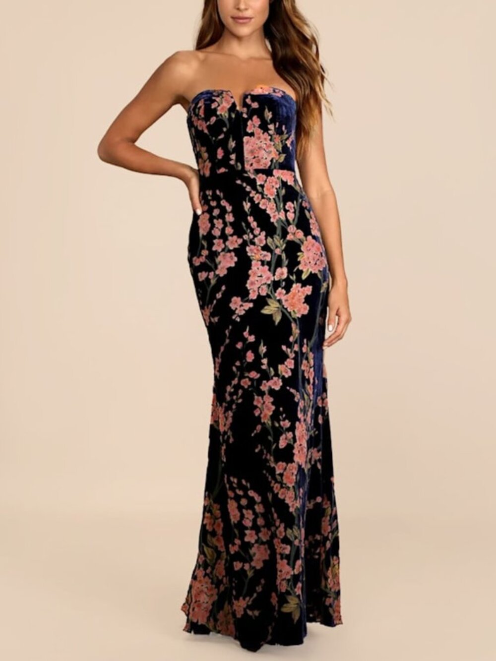 Lulus Bloom In Mind Navy Blue Floral Print Velvet Strapless Maxi Dress - Size XL